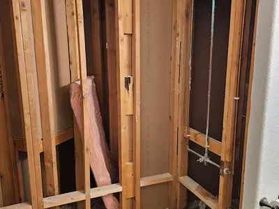 Installation progress step 3 — tub-to-shower conversion on Sternwood Manor Dr