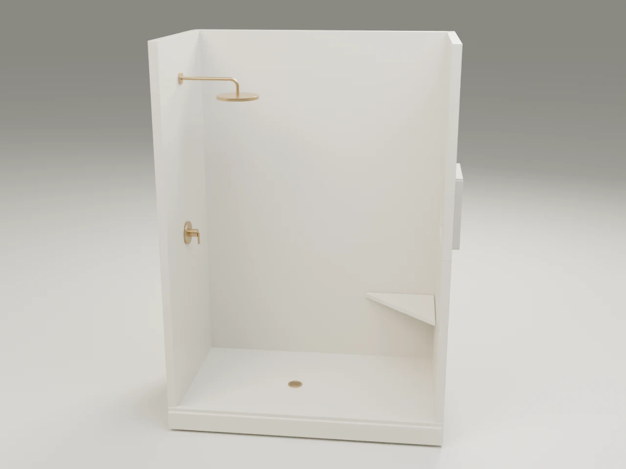 Illustrative Onyx shower concept with solid-surface walls and a corner seat