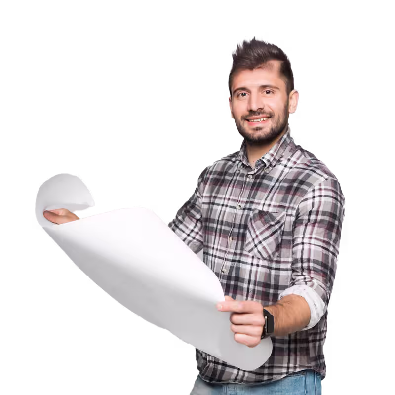 Man holding blueprints and smiling