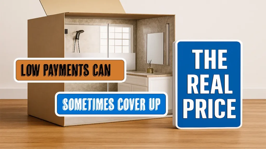 Box with slogans about low payments concealing costs.