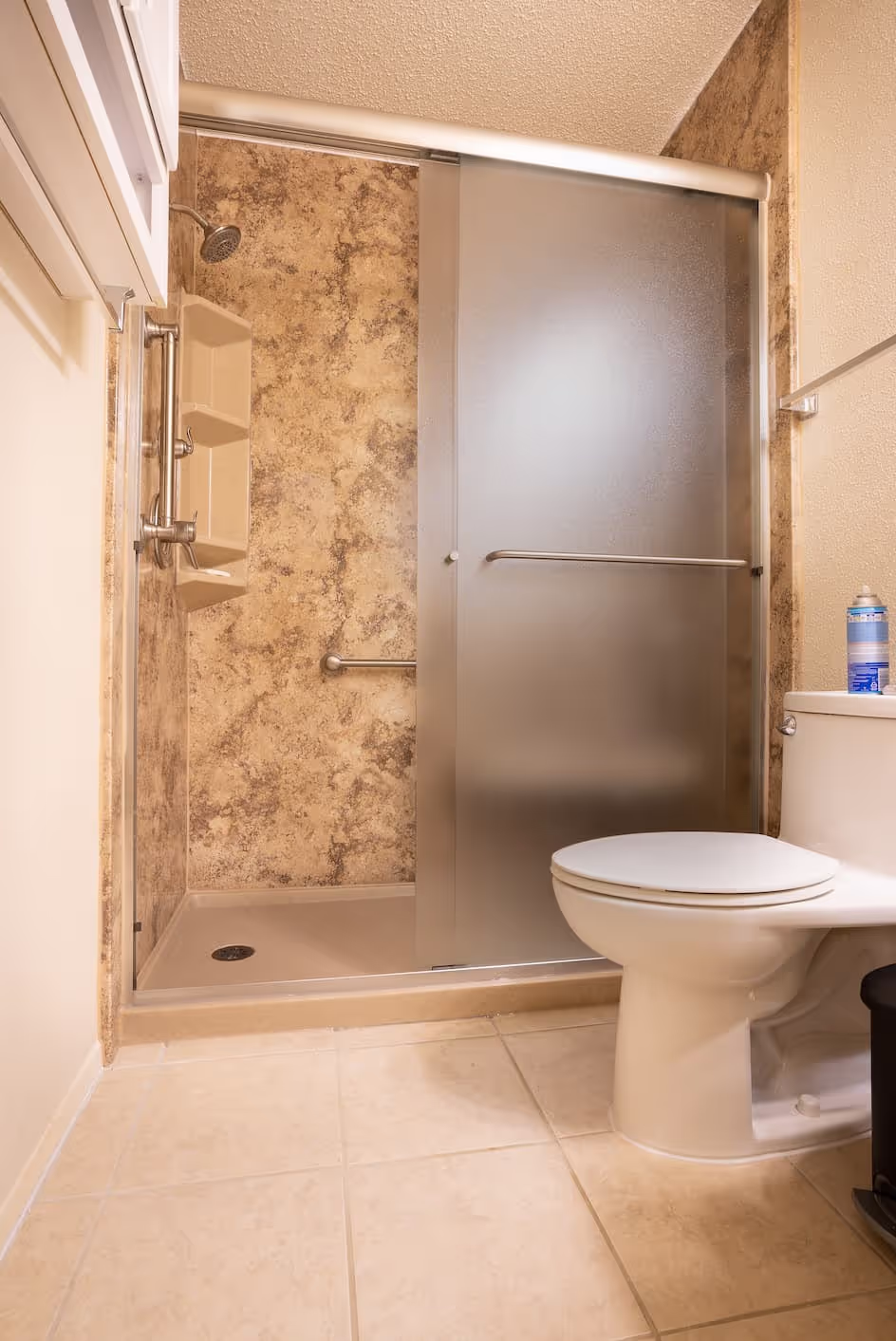 Small outdated bathroom with shower, toilet, and frosted glass door.