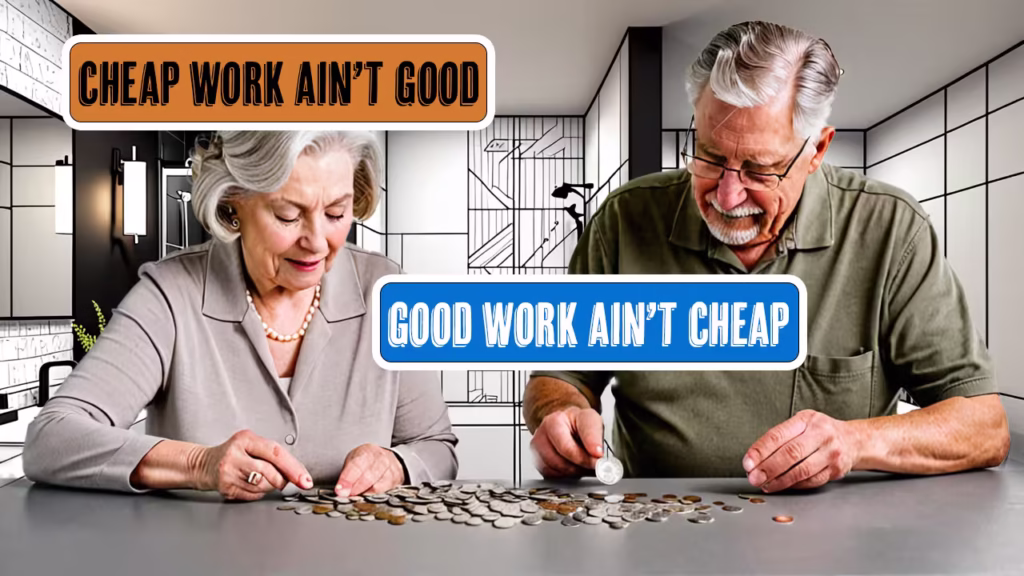 Older couple counting coins at a table, with overlay text that reads “Cheap Work Ain’t Good” and “Good Work Ain’t Cheap,” in a bathroom remodel setting