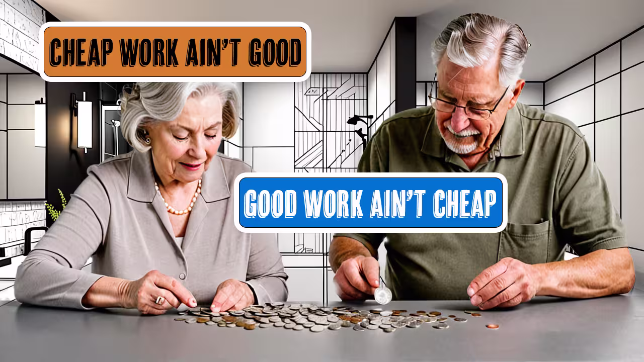Older couple counting coins at a table, with overlay text that reads “Cheap Work Ain’t Good” and “Good Work Ain’t Cheap,” in a bathroom remodel setting