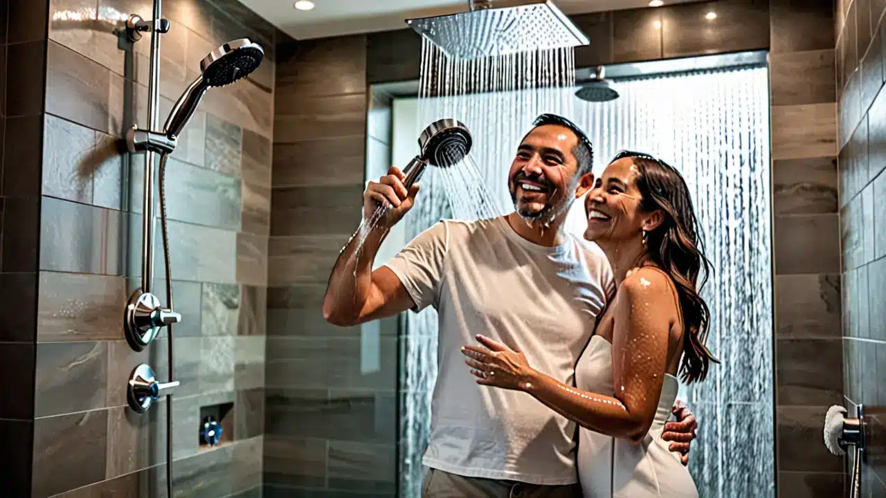 Couple Enjoying Modern Shower