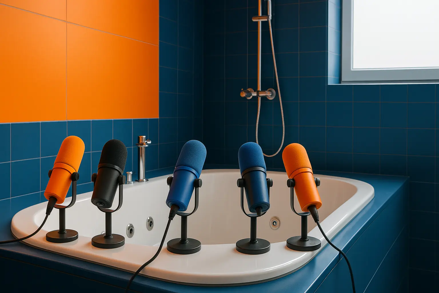 Creative Podcast Studio In A Bathroom Setting