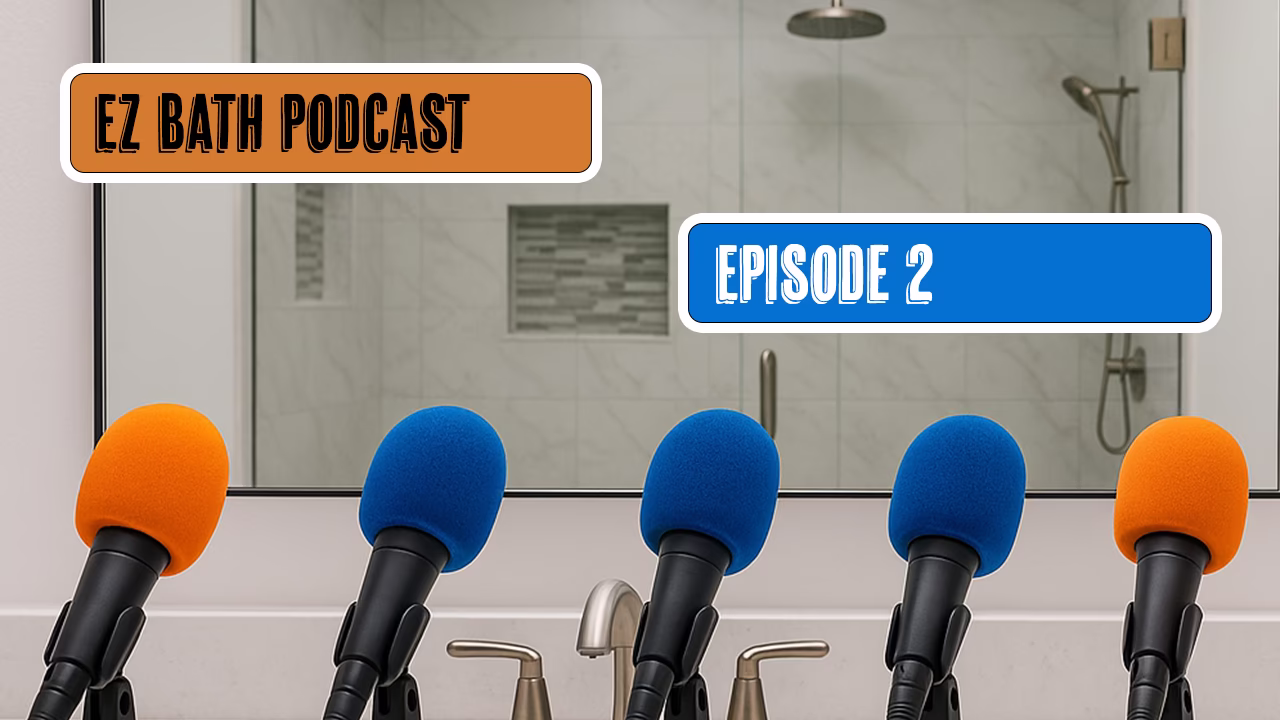 Three podcast microphones in front of a bathroom shower background.