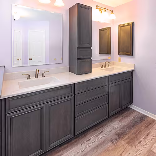 Modern double vanity with Bishop cabinetry installed by EZ Bath