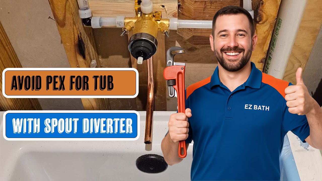 Smiling plumber holding large pipe wrench with text overlay
