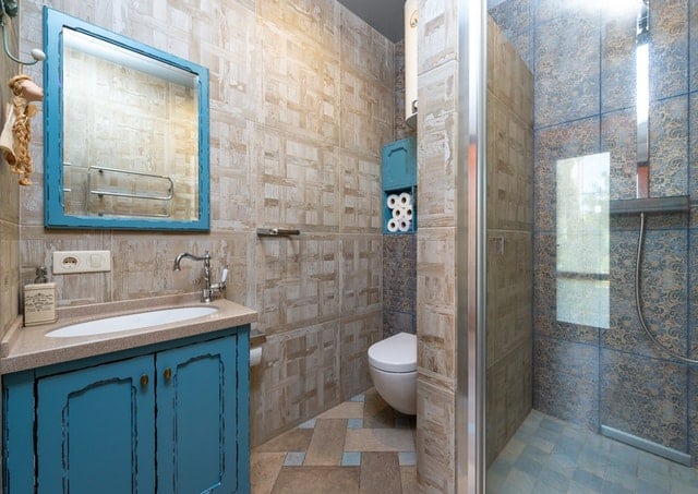 Rustic Bathroom With Turquoise Vanity Max Vakhtbovych 7587472