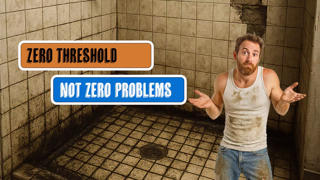 Man in messy tiled shower looking confused with text overlay