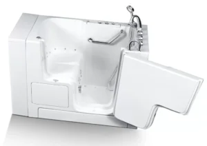 Accessible walk-in bathtub with open door.