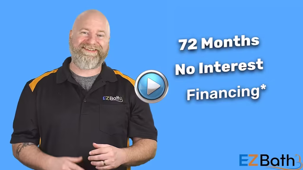 EZ Bath representative smiling next to text that reads “72 Months No Interest Financing.”