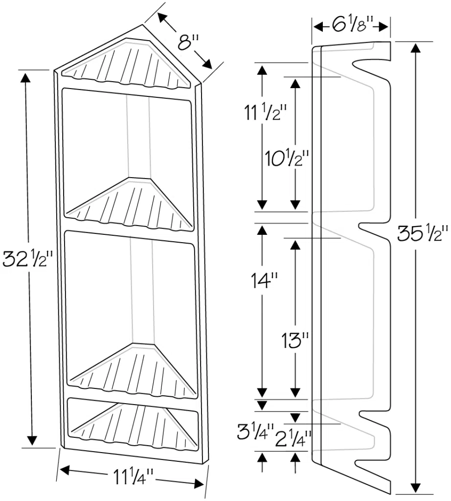 Corner shower shelf dimensions diagram with measurements.