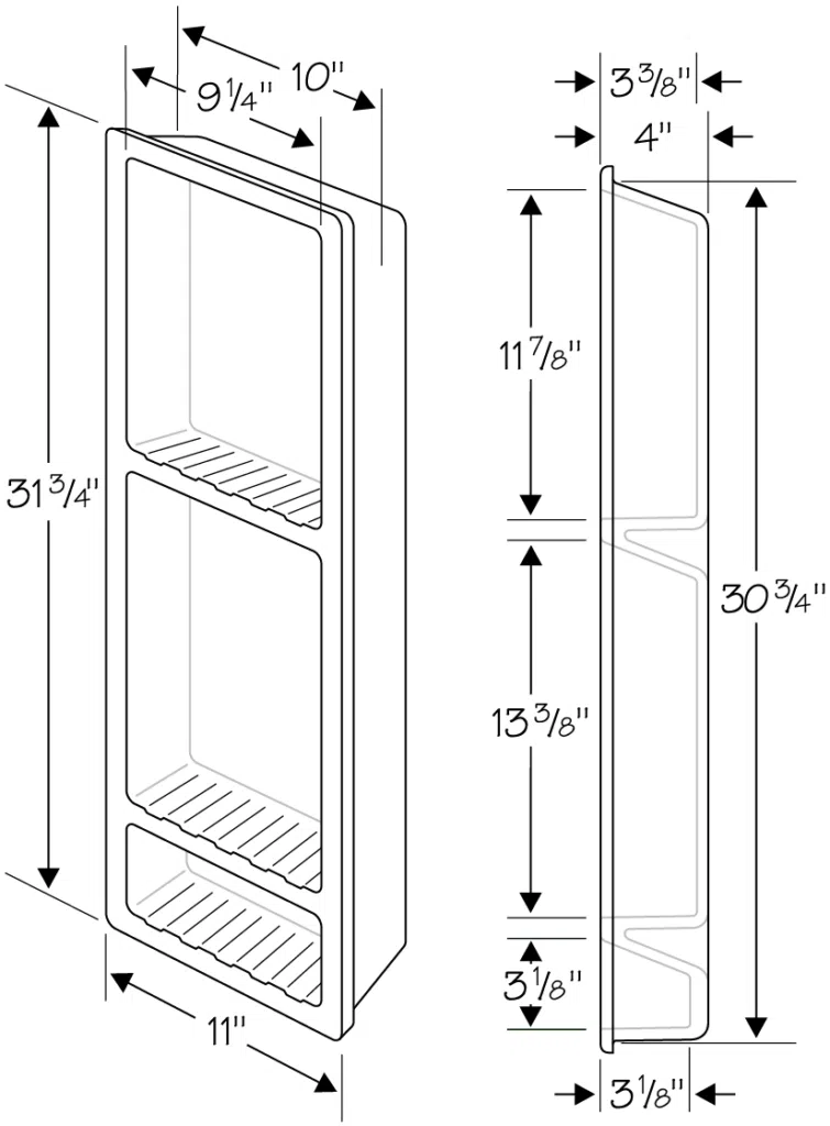 Recessed shower caddy with dimensions in inches.