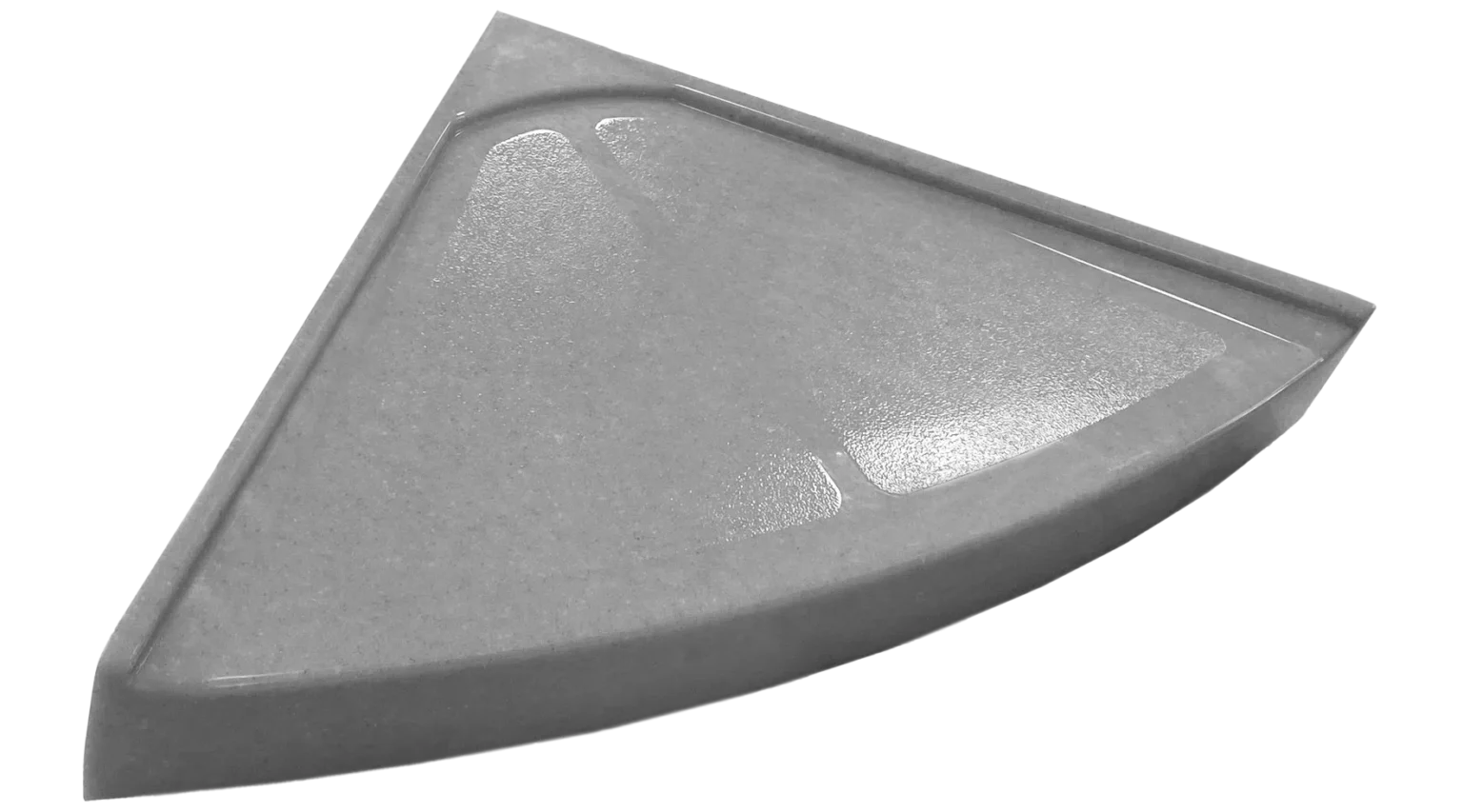 Triangular corner shower base in gray color.