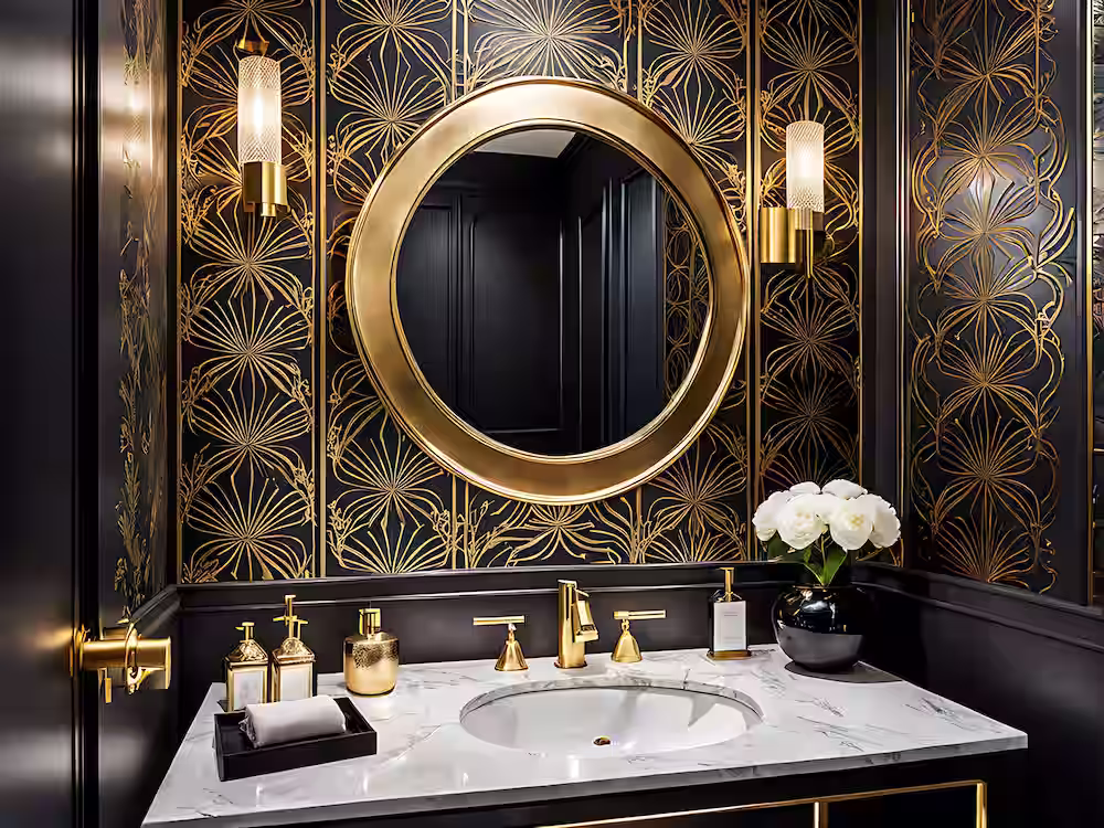 Luxury bathroom vanity with gold-framed round mirror and Delta faucet set.